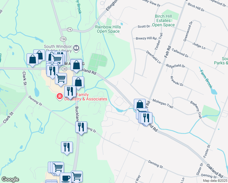 map of restaurants, bars, coffee shops, grocery stores, and more near 143 Oakland Road in South Windsor