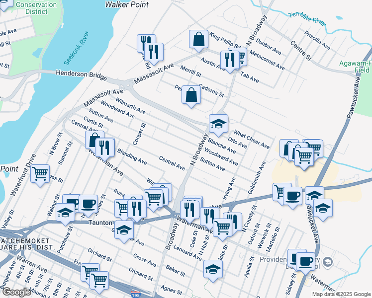 map of restaurants, bars, coffee shops, grocery stores, and more near 230 Sutton Ave in East Providence