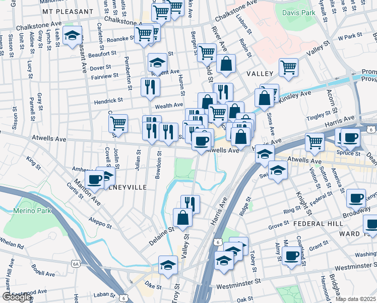 map of restaurants, bars, coffee shops, grocery stores, and more near 712 Atwells Avenue in Providence