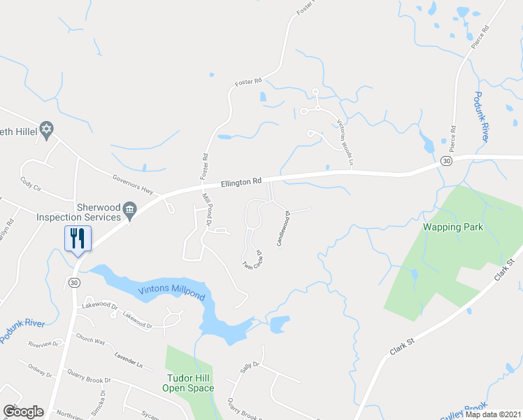 map of restaurants, bars, coffee shops, grocery stores, and more near 1103 Twin Circle Drive in South Windsor