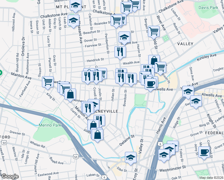 map of restaurants, bars, coffee shops, grocery stores, and more near 186 Julian St in Providence