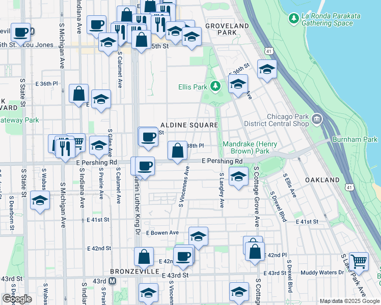 map of restaurants, bars, coffee shops, grocery stores, and more near 3859 South Vincennes Avenue in Chicago