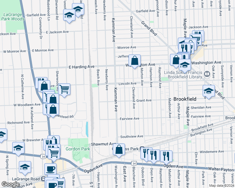map of restaurants, bars, coffee shops, grocery stores, and more near 3631 Kemman Avenue in Brookfield