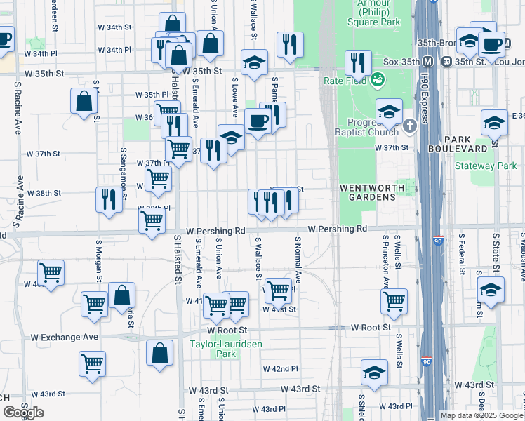 map of restaurants, bars, coffee shops, grocery stores, and more near 3831 South Wallace Street in Chicago
