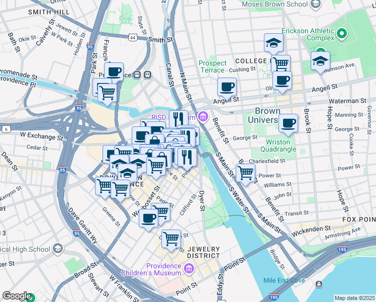 map of restaurants, bars, coffee shops, grocery stores, and more near 24 Weybosset Street in Providence