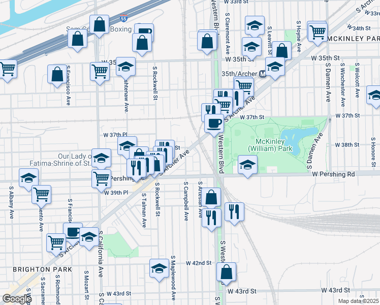 map of restaurants, bars, coffee shops, grocery stores, and more near 3791 South Archer Avenue in Chicago