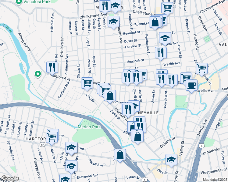 map of restaurants, bars, coffee shops, grocery stores, and more near 24 La Vaughn Street in Providence