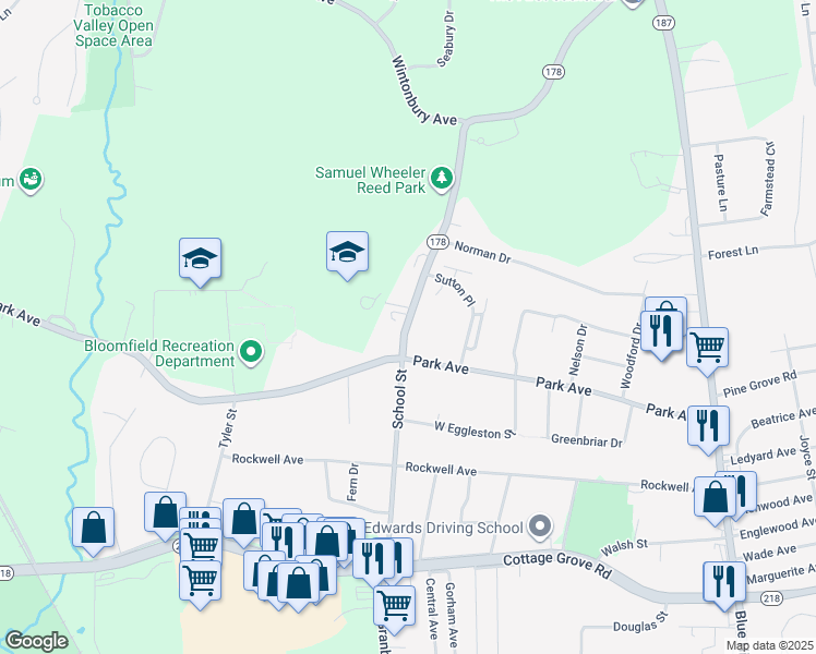 map of restaurants, bars, coffee shops, grocery stores, and more near 152 Connecticut 178 in Bloomfield