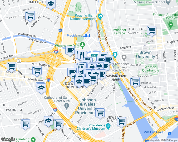 map of restaurants, bars, coffee shops, grocery stores, and more near Washington Street & Dorrance Street in Providence