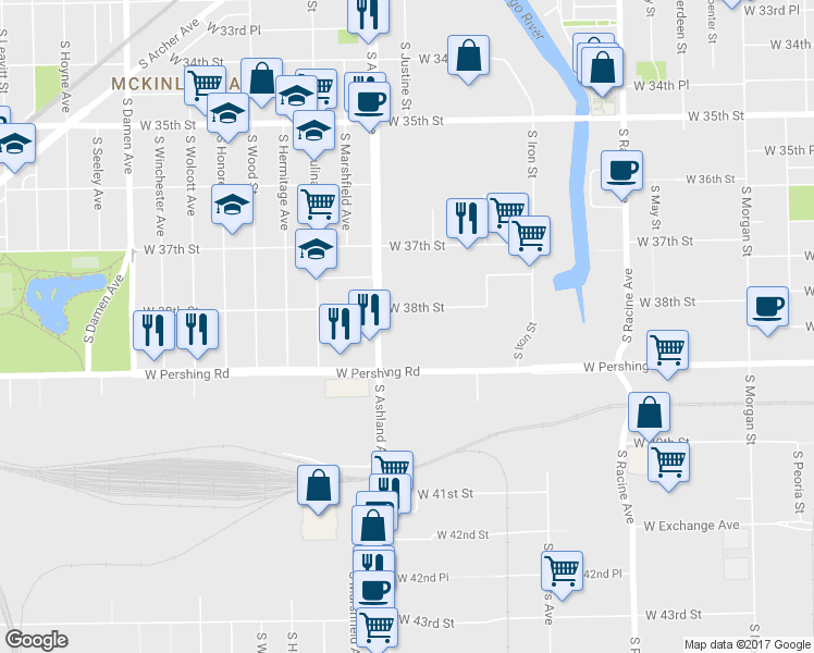 map of restaurants, bars, coffee shops, grocery stores, and more near 3815 South Ashland Avenue in Chicago