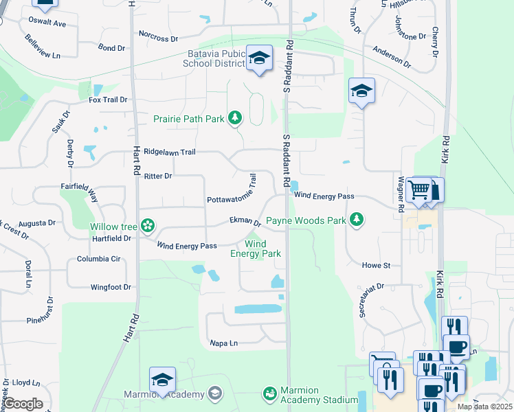 map of restaurants, bars, coffee shops, grocery stores, and more near 963 Wind Energy Pass in Batavia