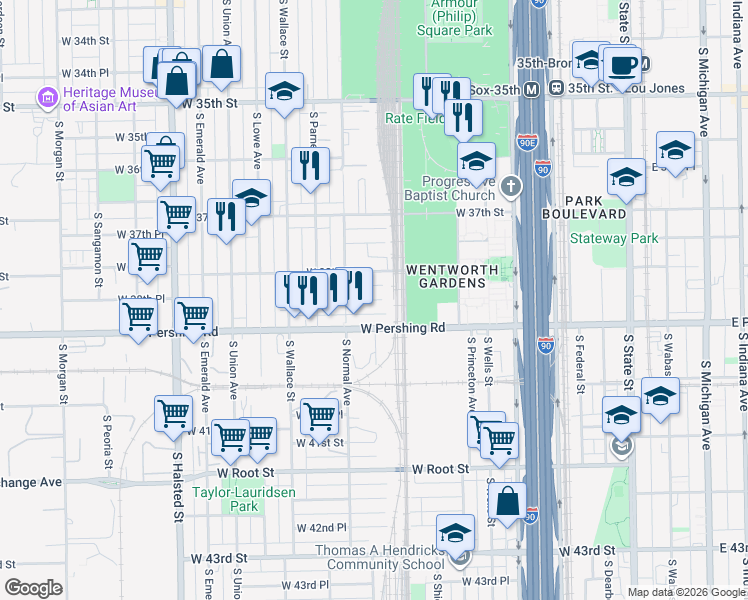 map of restaurants, bars, coffee shops, grocery stores, and more near 430 West 38th Place in Chicago