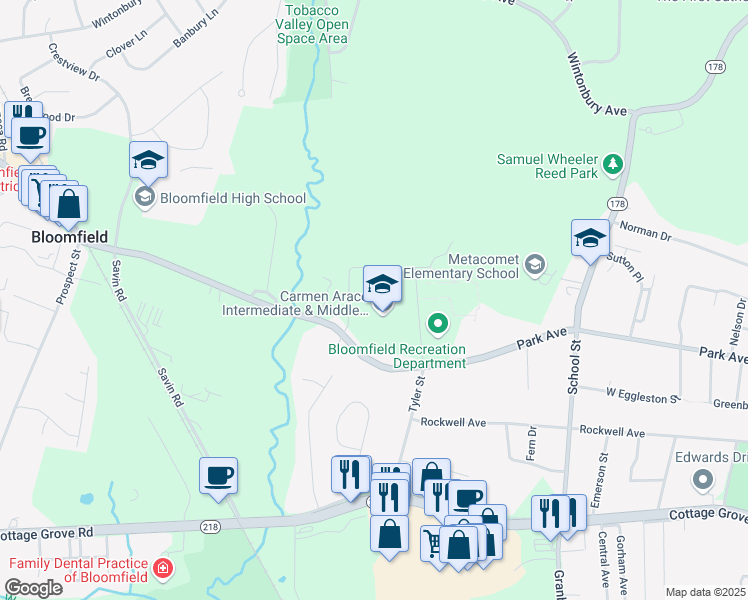 map of restaurants, bars, coffee shops, grocery stores, and more near 390 Park Avenue in Bloomfield