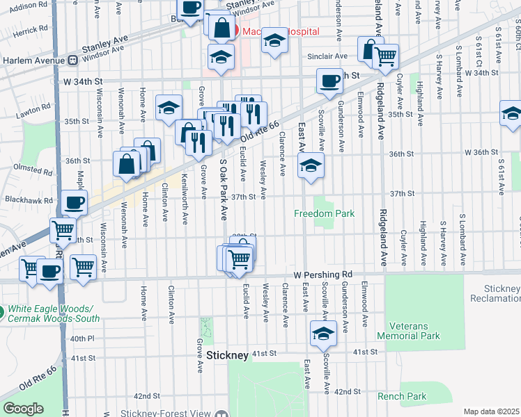 map of restaurants, bars, coffee shops, grocery stores, and more near 3714 Wesley Avenue in Berwyn