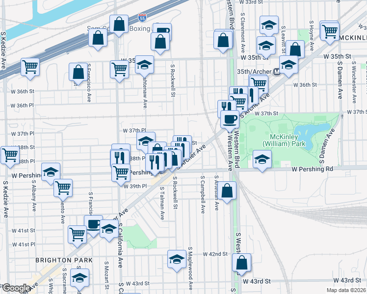 map of restaurants, bars, coffee shops, grocery stores, and more near 2529 West 38th Street in Chicago