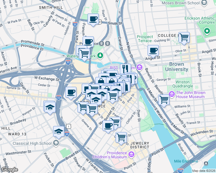 map of restaurants, bars, coffee shops, grocery stores, and more near in Providence