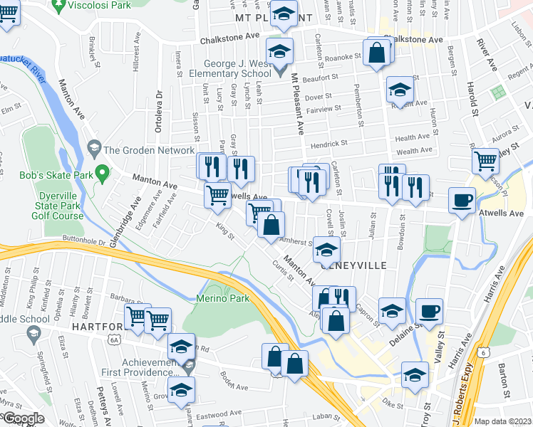 map of restaurants, bars, coffee shops, grocery stores, and more near 34 Erastus Street in Providence