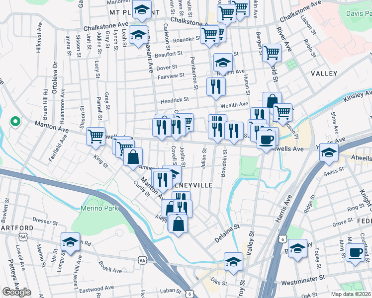 map of restaurants, bars, coffee shops, grocery stores, and more near 16 Joslin Street in Providence