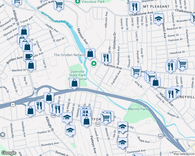 map of restaurants, bars, coffee shops, grocery stores, and more near 18 Brookfield Street in Providence