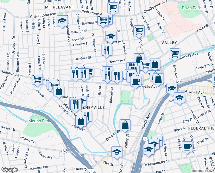map of restaurants, bars, coffee shops, grocery stores, and more near 153 Putnam Street in Providence