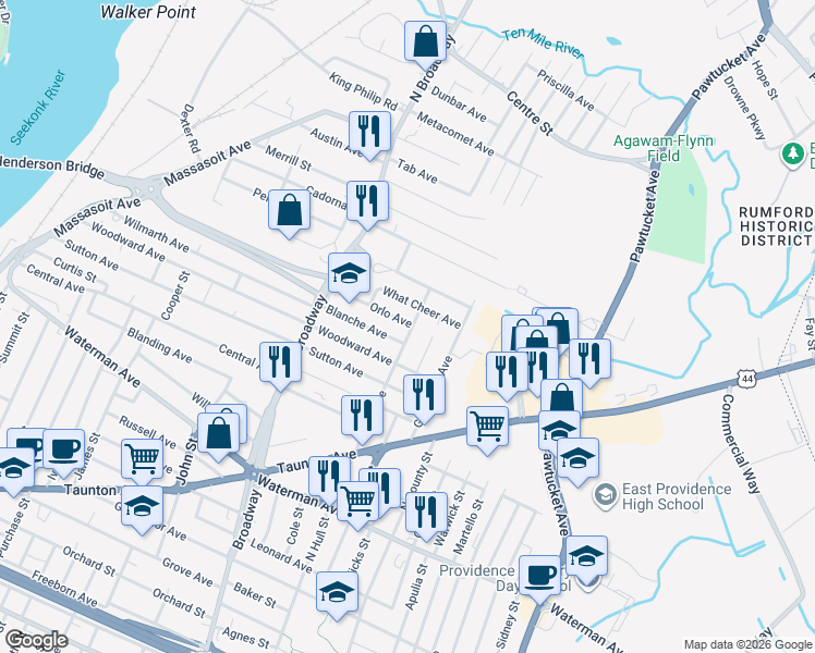 map of restaurants, bars, coffee shops, grocery stores, and more near 63 Orlo Avenue in East Providence