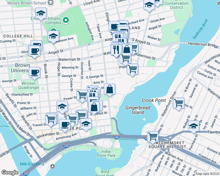 map of restaurants, bars, coffee shops, grocery stores, and more near 163 Gano Street in Providence