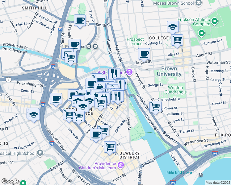 map of restaurants, bars, coffee shops, grocery stores, and more near in Providence