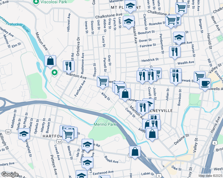 map of restaurants, bars, coffee shops, grocery stores, and more near 381 Manton Avenue in Providence