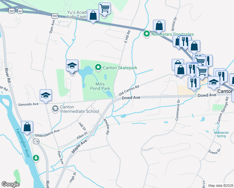 map of restaurants, bars, coffee shops, grocery stores, and more near 2 Old Canton Road in Canton