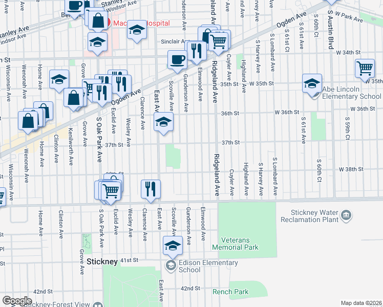 map of restaurants, bars, coffee shops, grocery stores, and more near 3714 Elmwood Avenue in Berwyn