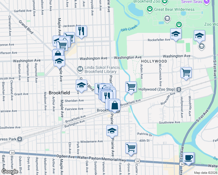 map of restaurants, bars, coffee shops, grocery stores, and more near 3636 Prairie Avenue in Brookfield