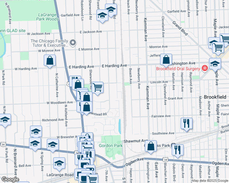map of restaurants, bars, coffee shops, grocery stores, and more near 522 Barnsdale Road in La Grange Park