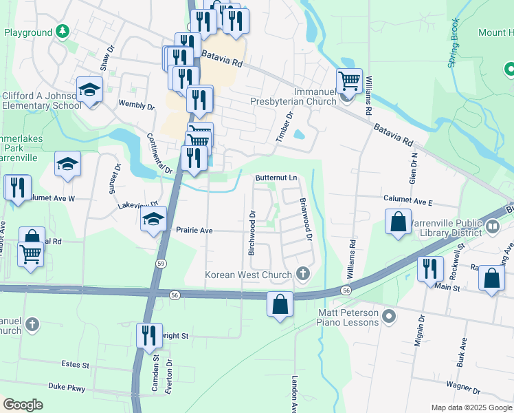 map of restaurants, bars, coffee shops, grocery stores, and more near 3S153 Birchwood Drive in Warrenville