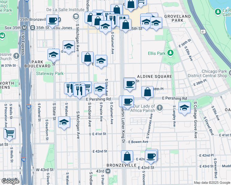 map of restaurants, bars, coffee shops, grocery stores, and more near 3837 South Calumet Avenue in Chicago