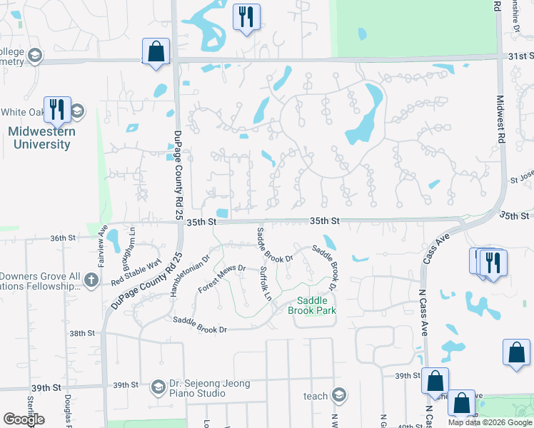 map of restaurants, bars, coffee shops, grocery stores, and more near 908 Midwest Club Parkway in Oak Brook