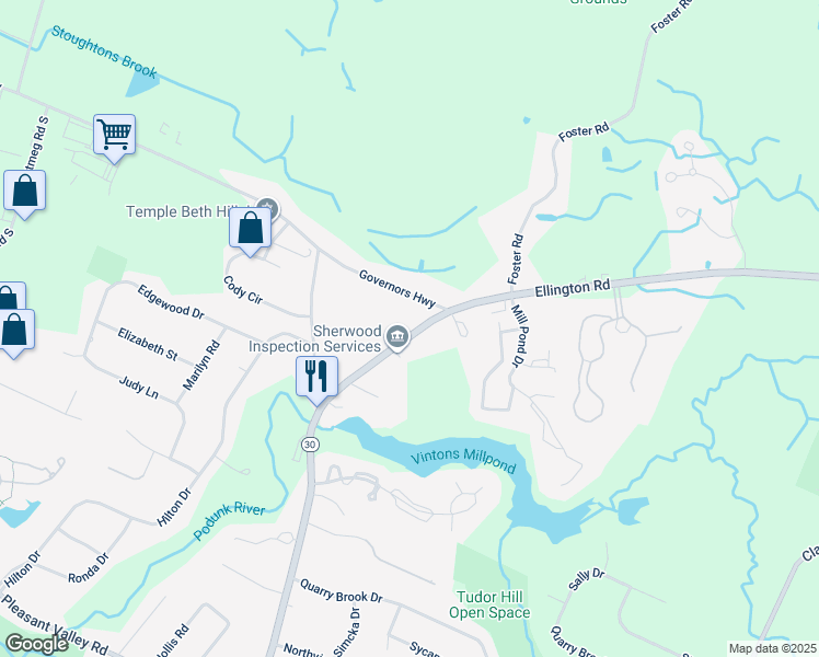 map of restaurants, bars, coffee shops, grocery stores, and more near 1096 Ellington Road in South Windsor