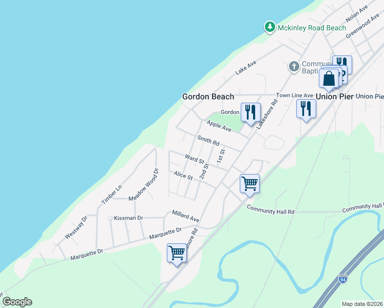 map of restaurants, bars, coffee shops, grocery stores, and more near 10299 Ward Avenue in Union Pier