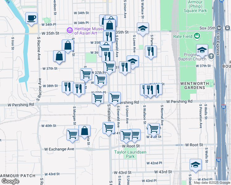 map of restaurants, bars, coffee shops, grocery stores, and more near 3824 South Emerald Avenue in Chicago