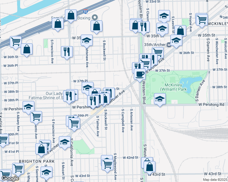 map of restaurants, bars, coffee shops, grocery stores, and more near 2529 West 38th Street in Chicago