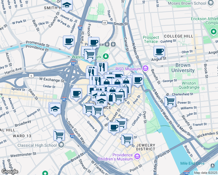 map of restaurants, bars, coffee shops, grocery stores, and more near 5 Dorrance St in Providence