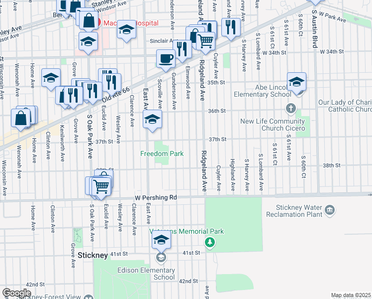 map of restaurants, bars, coffee shops, grocery stores, and more near 3714 Elmwood Avenue in Berwyn