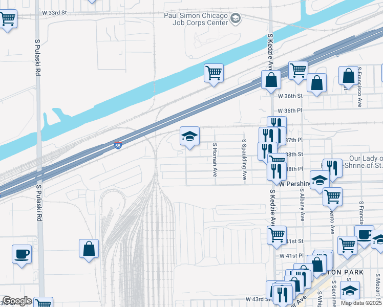 map of restaurants, bars, coffee shops, grocery stores, and more near 3747 South Saint Louis Avenue in Chicago