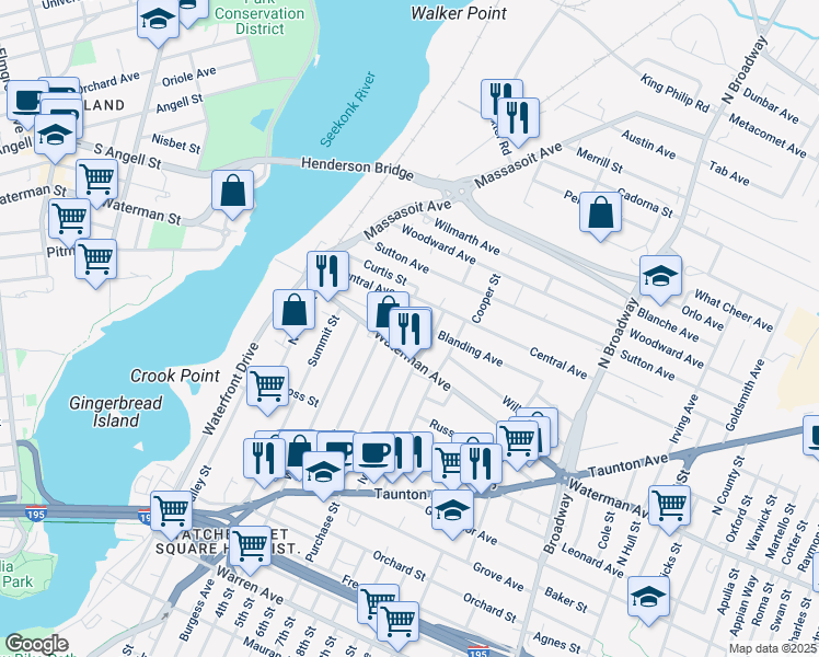 map of restaurants, bars, coffee shops, grocery stores, and more near 15 Blanding Avenue in East Providence