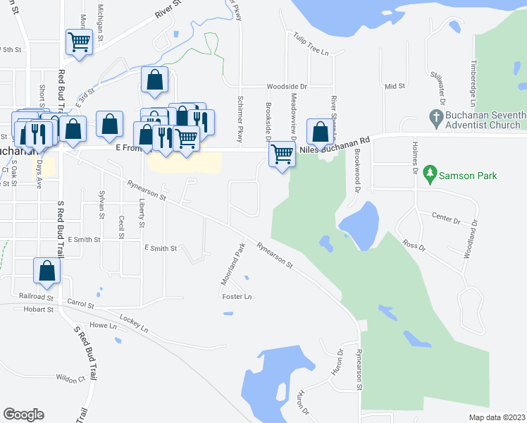 map of restaurants, bars, coffee shops, grocery stores, and more near 16157 Merson Court in Buchanan