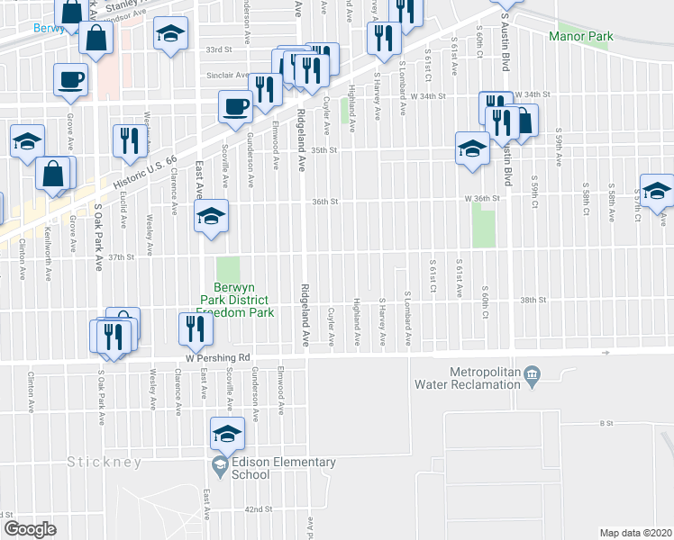 map of restaurants, bars, coffee shops, grocery stores, and more near 3717 Cuyler Avenue in Berwyn