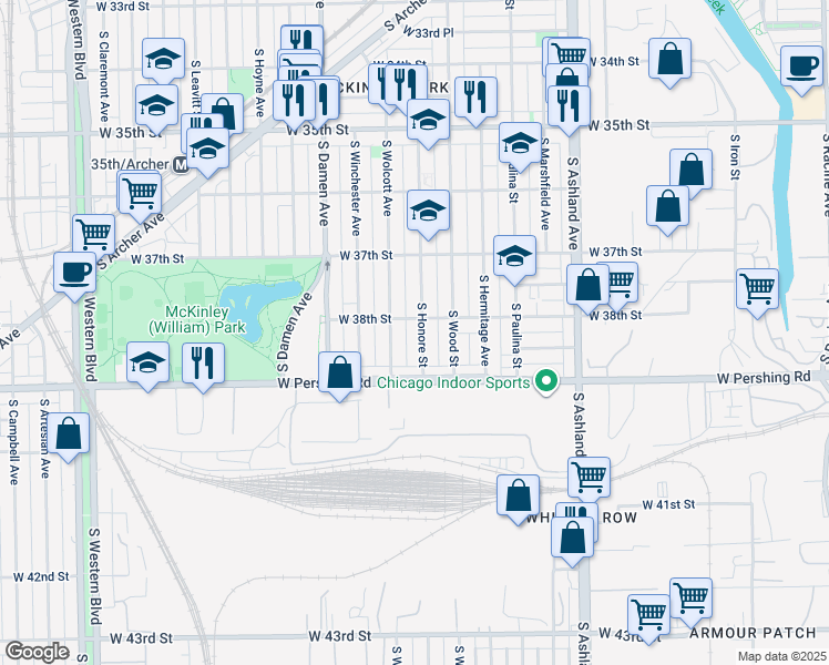 map of restaurants, bars, coffee shops, grocery stores, and more near 3812 South Honore Street in Chicago