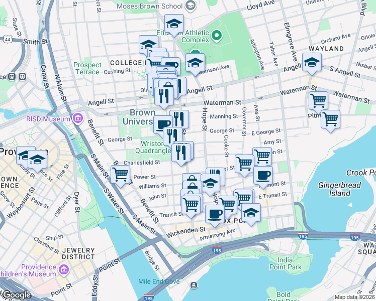 map of restaurants, bars, coffee shops, grocery stores, and more near 281 Brook Street in Providence