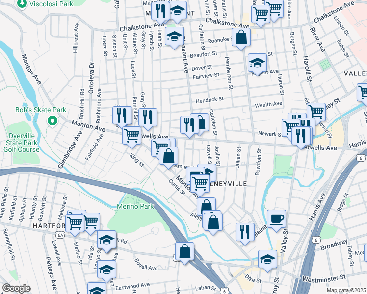 map of restaurants, bars, coffee shops, grocery stores, and more near 60 Steuben Street in Providence