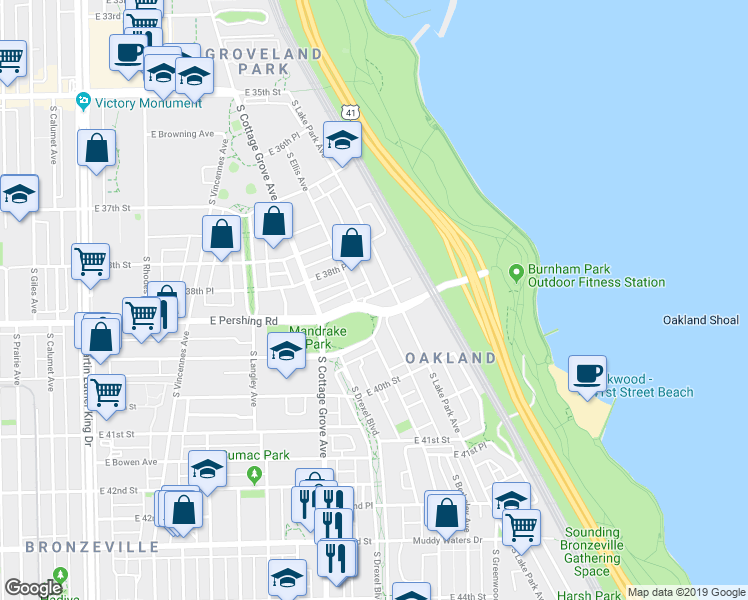 map of restaurants, bars, coffee shops, grocery stores, and more near 865 East Pershing Road in Chicago