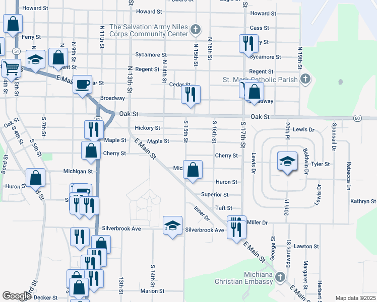 map of restaurants, bars, coffee shops, grocery stores, and more near 317 South 15th Street in Niles